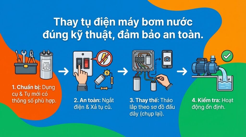 Thay tụ điện máy bơm nước đúng kỹ thuật, đảm bảo an toàn.