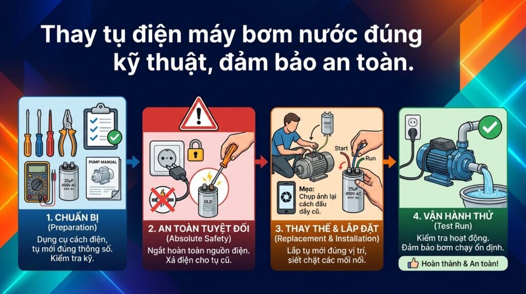 Thay tụ điện máy bơm nước đúng kỹ thuật, đảm bảo an toàn.