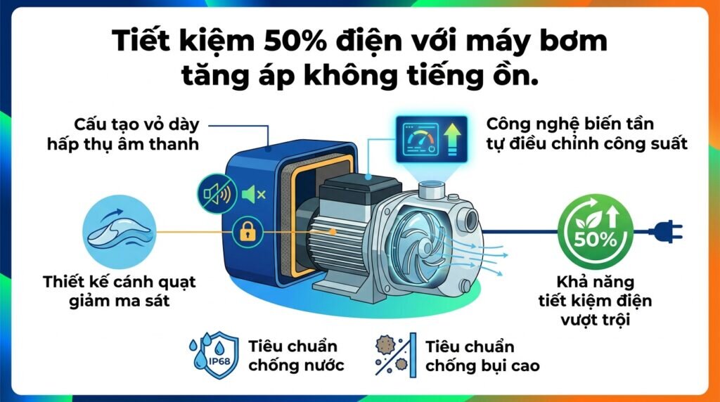 Tiết kiệm 50% điện với máy bơm tăng áp không tiếng ồn.