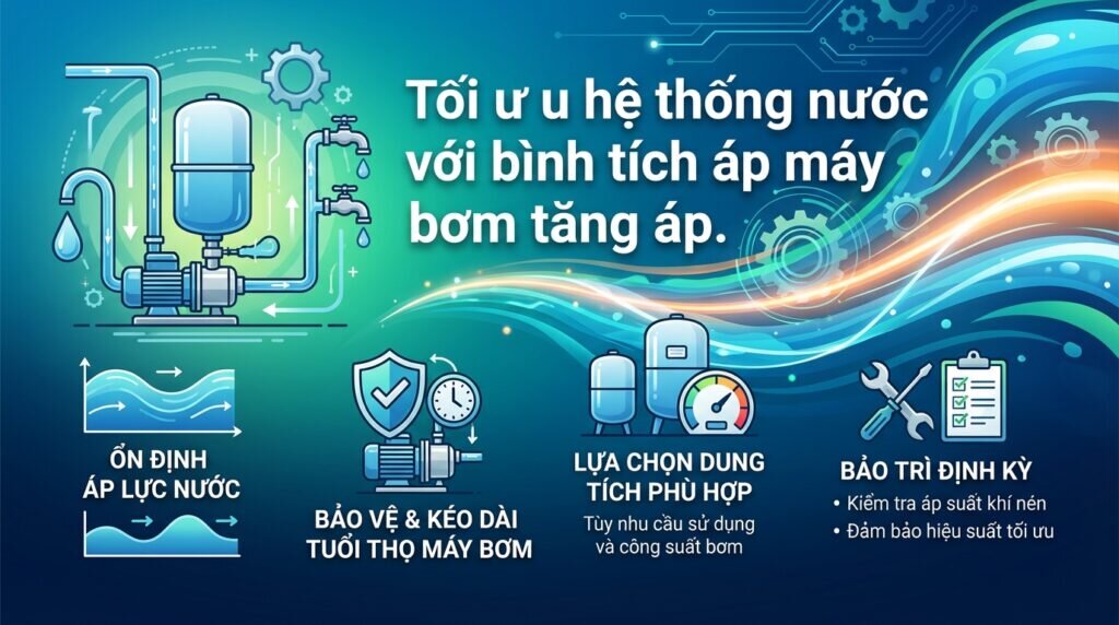 Tối ưu hệ thống nước với bình tích áp máy bơm tăng áp.