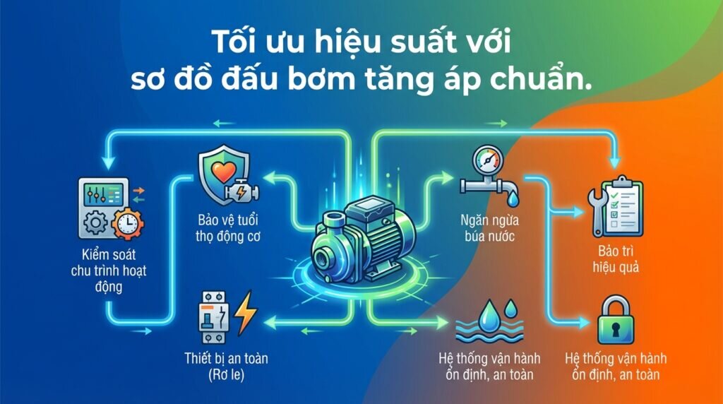 Tối ưu hiệu suất với sơ đồ đấu bơm tăng áp chuẩn.