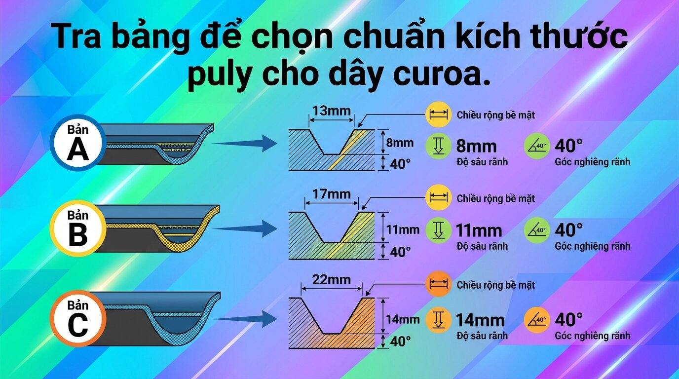 Check the table to choose the correct pulley dimensions for the belt.
