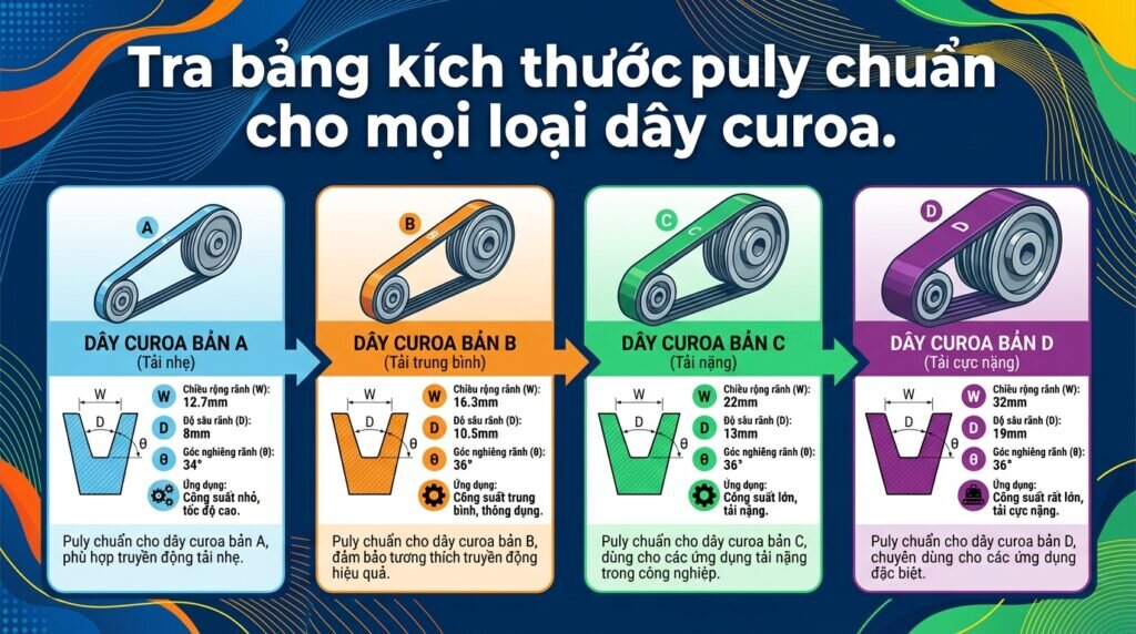 Tra bảng kích thước puly chuẩn cho mọi loại dây curoa.