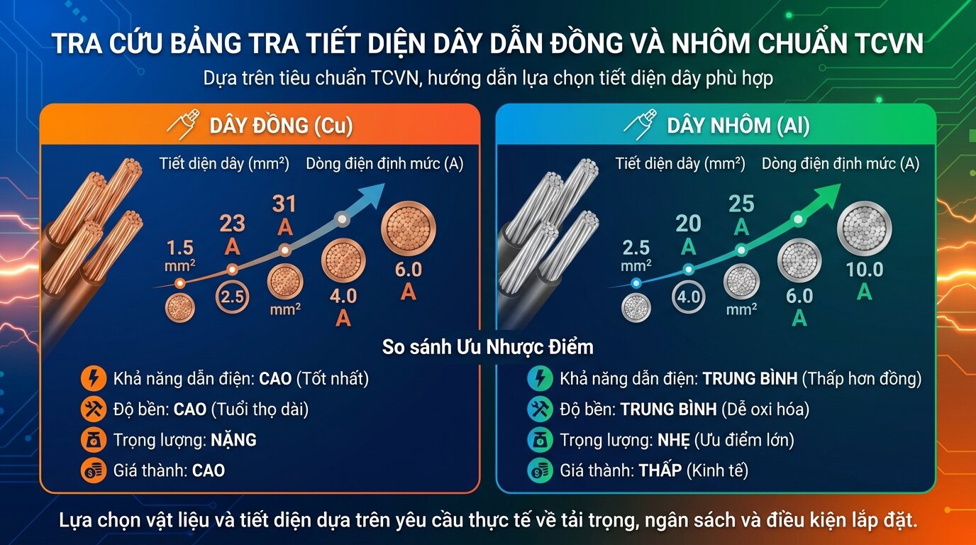Tra cứu bảng tra tiết diện dây dẫn đồng và nhôm chuẩn TCVN.