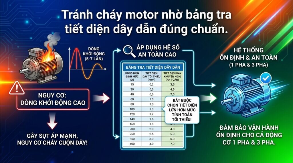 Tránh cháy motor nhờ bảng tra tiết diện dây dẫn đúng chuẩn.