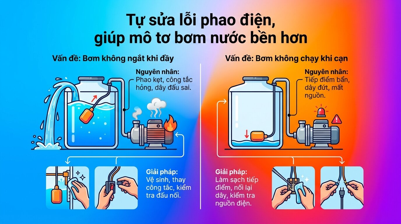 Tự sửa lỗi phao điện, giúp mô tơ bơm nước bền hơn.