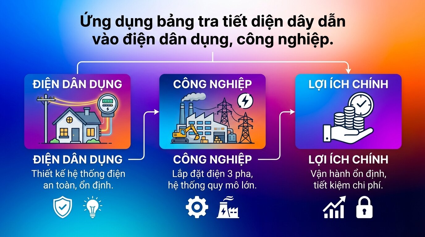 Ứng dụng bảng tra tiết diện dây dẫn vào điện dân dụng, công nghiệp.