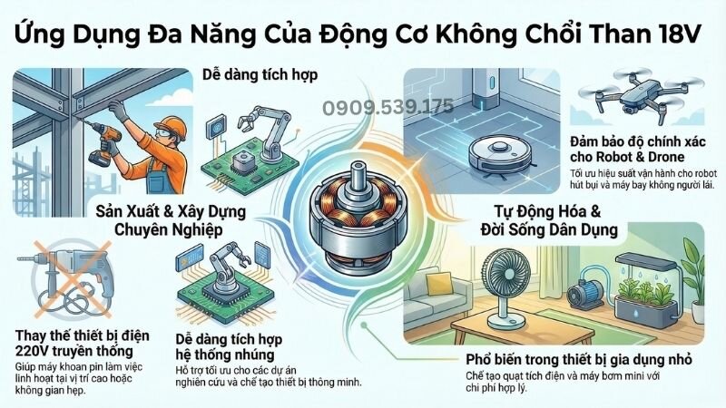Ứng dụng đa dạng của động cơ không chổi than 18v trong đời sống và sản xuất.