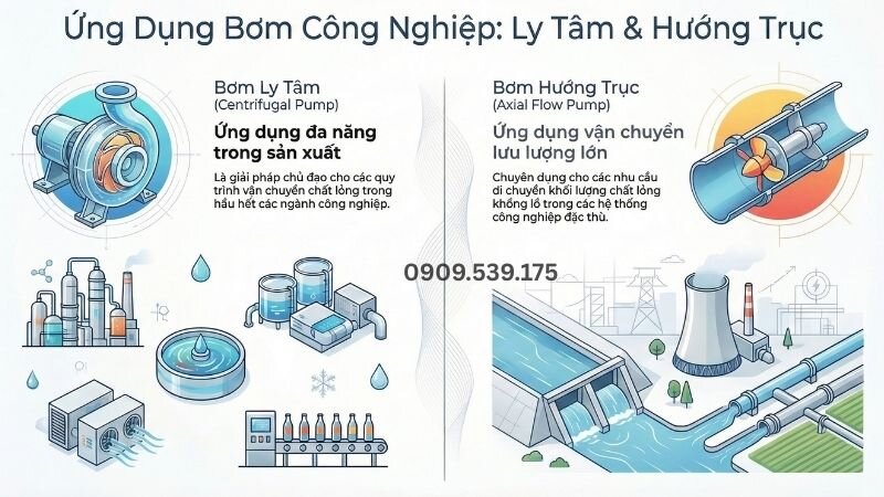 Ứng dụng thực tế của bơm ly tâm và bơm hướng trục trong công nghiệp.