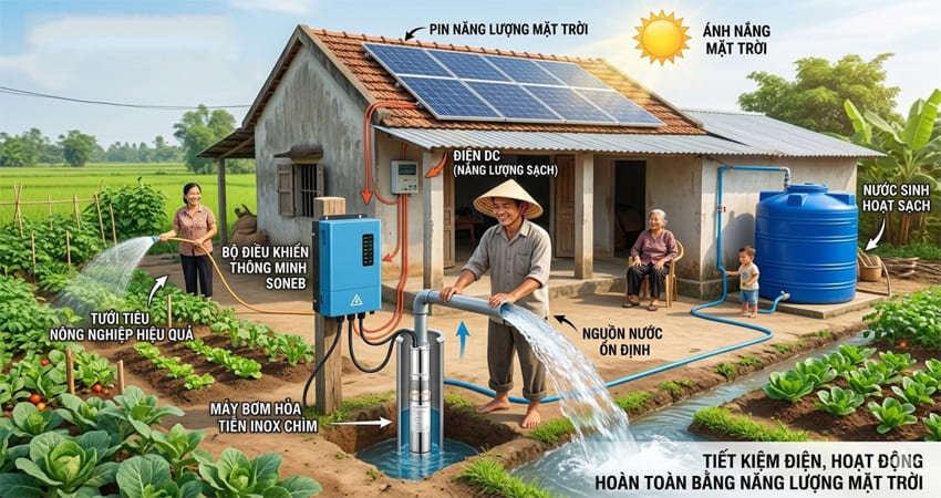 Máy bơm nước năng lượng mặt trời mang đến giải pháp cấp nước hiện đại với khả năng vận hành độc lập và tiết kiệm chi phí lâu dài