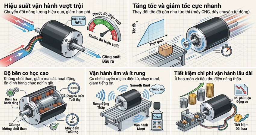 Với các ưu điểm nổi bật giúp động cơ không chổi than tốc độ cao hoạt động hiệu quả và bền bỉ