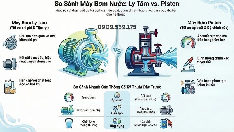 Ưu nhược điểm của bơm ly tâm và bơm piston.