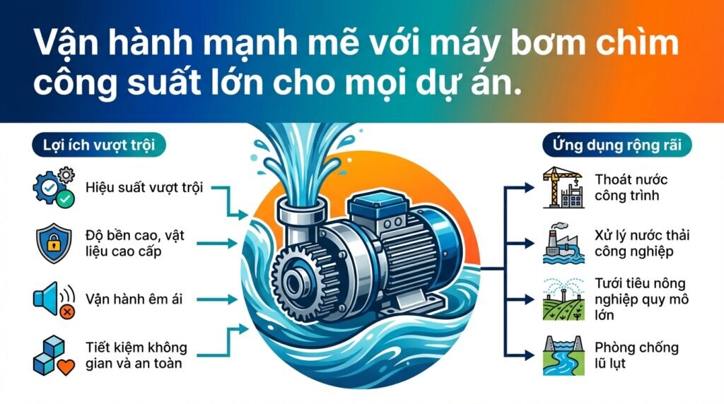 Vận hành mạnh mẽ với máy bơm chìm công suất lớn cho mọi dự án.