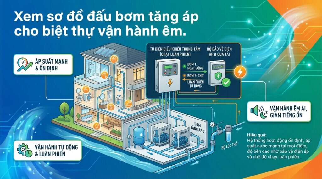 Xem sơ đồ đấu bơm tăng áp cho biệt thự vận hành êm.