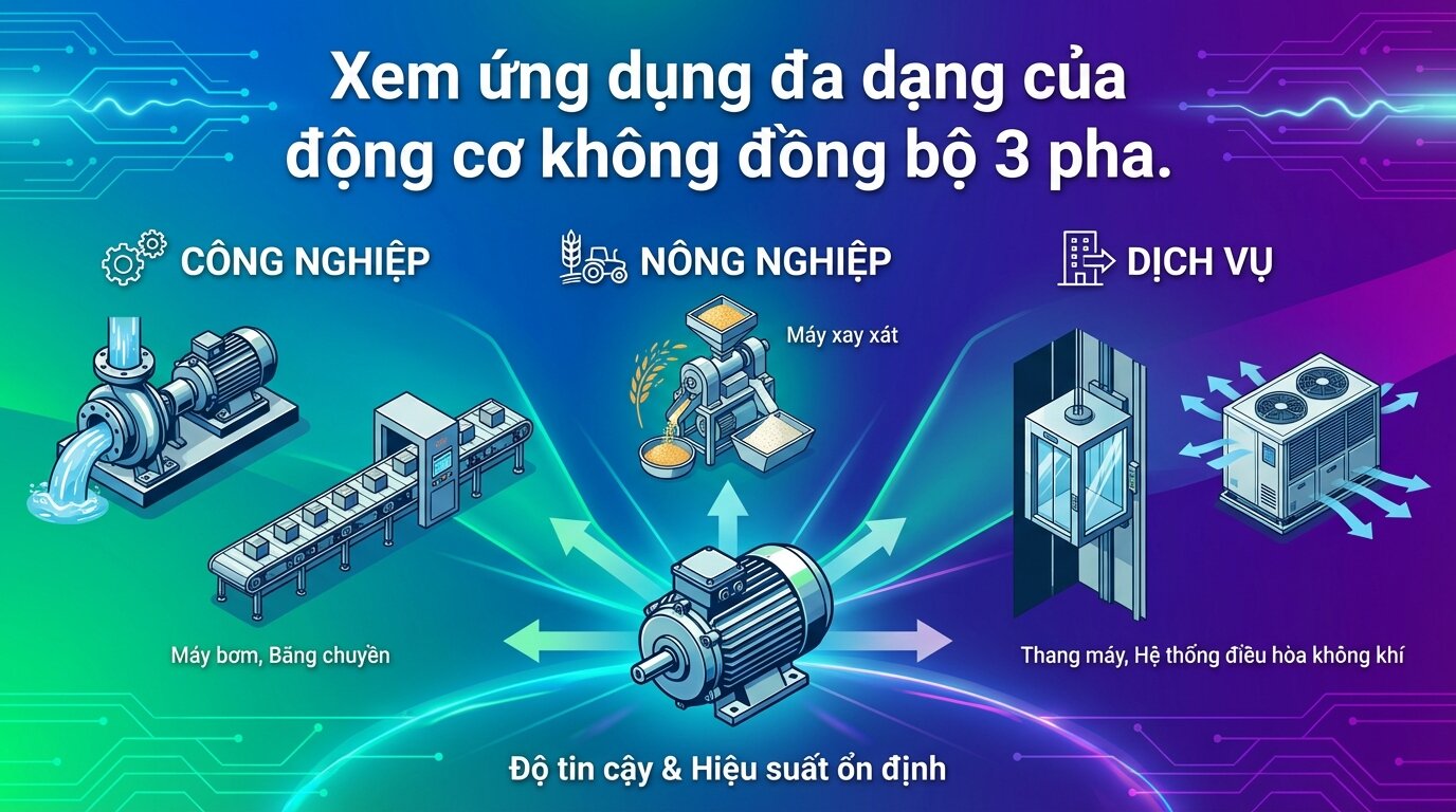 Xem ứng dụng đa dạng của động cơ không đồng bộ 3 pha.