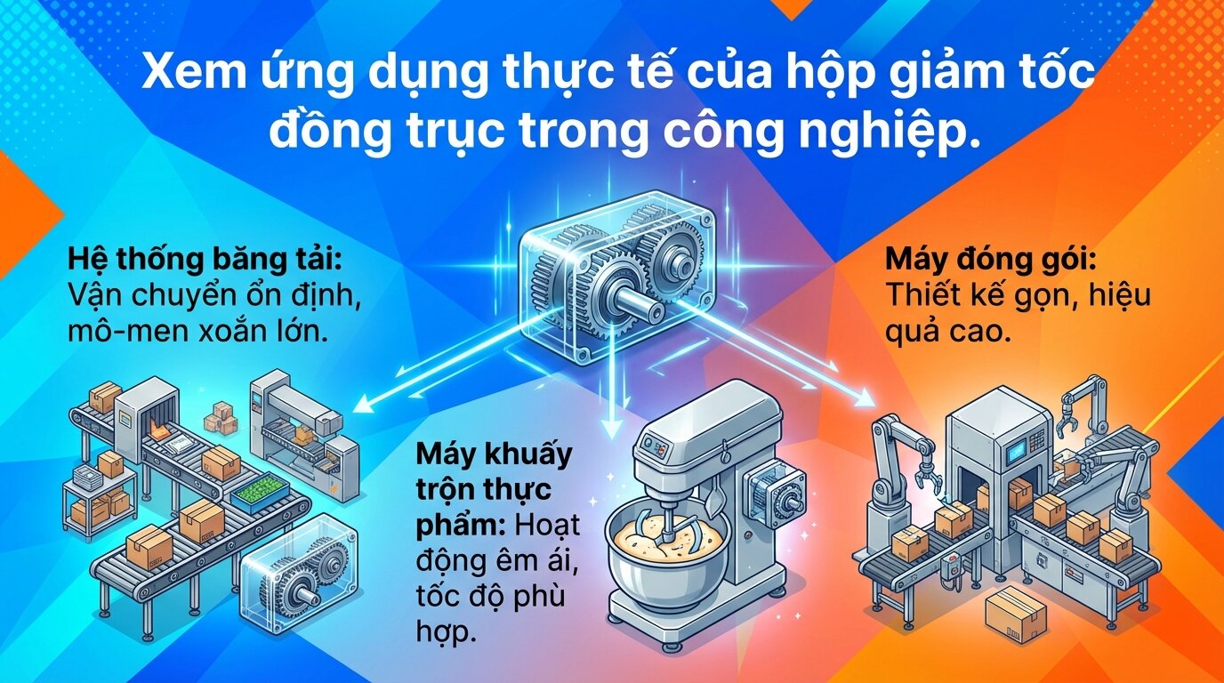 Xem ứng dụng thực tế của hộp giảm tốc đồng trục trong công nghiệp.