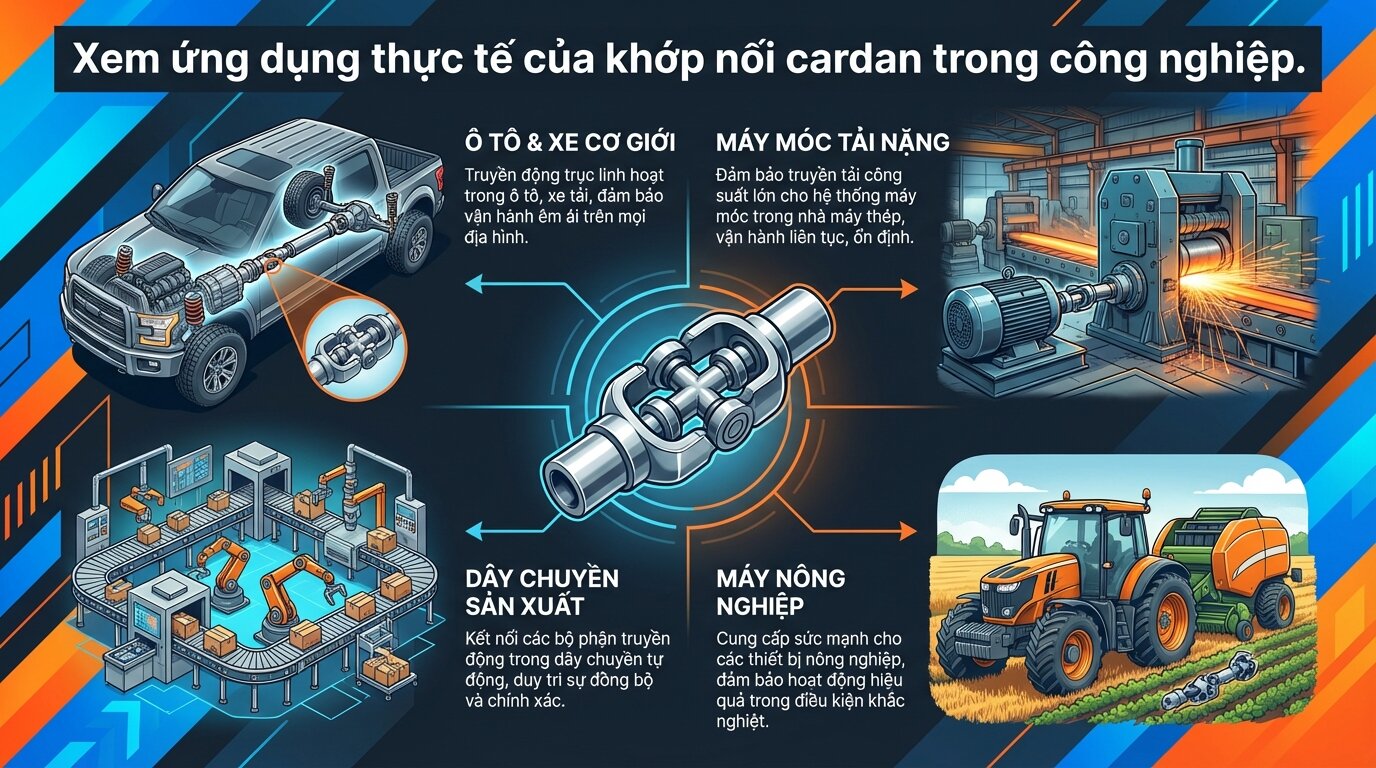 Xem ứng dụng thực tế của khớp nối cardan trong công nghiệp.