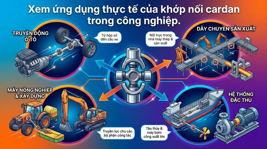 Xem ứng dụng thực tế của khớp nối cardan trong công nghiệp.