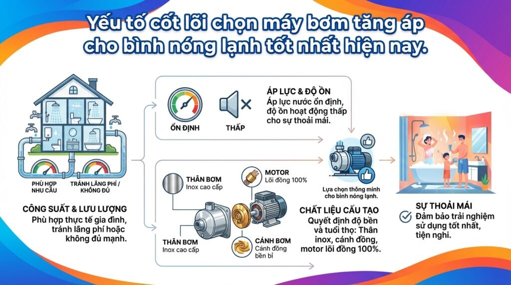 Yếu tố cốt lõi chọn máy bơm tăng áp cho bình nóng lạnh tốt nhất hiện nay.