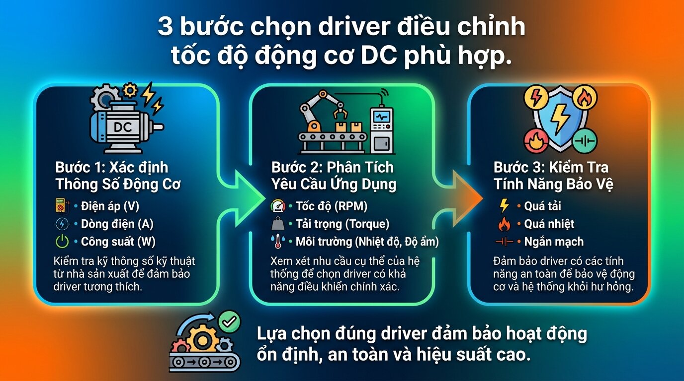 3 bước chọn driver điều chỉnh tốc độ động cơ DC phù hợp.