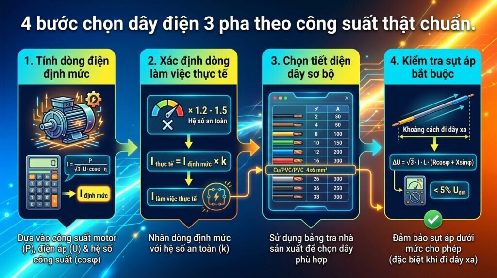 4 bước chọn dây điện 3 pha theo công suất thật chuẩn.