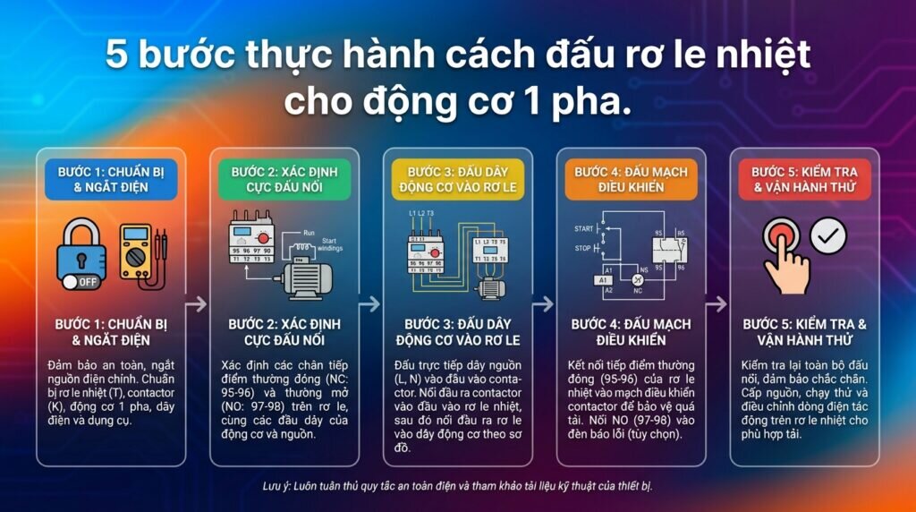5 bước thực hành cách đấu rơ le nhiệt cho động cơ 1 pha.
