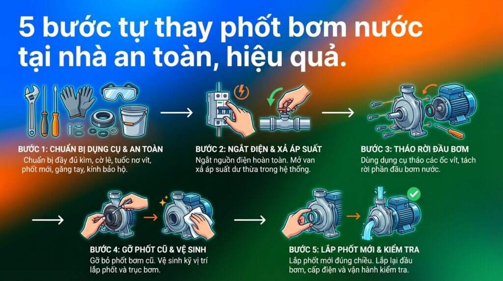 5 bước tự thay phốt bơm nước tại nhà an toàn, hiệu quả.