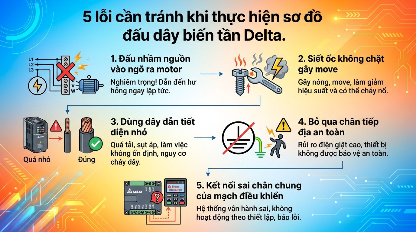5 lỗi cần tránh khi thực hiện sơ đồ đấu dây biến tần Delta.