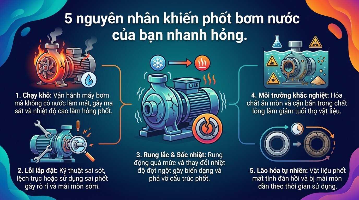 5 nguyên nhân khiến phốt bơm nước của bạn nhanh hỏng.
