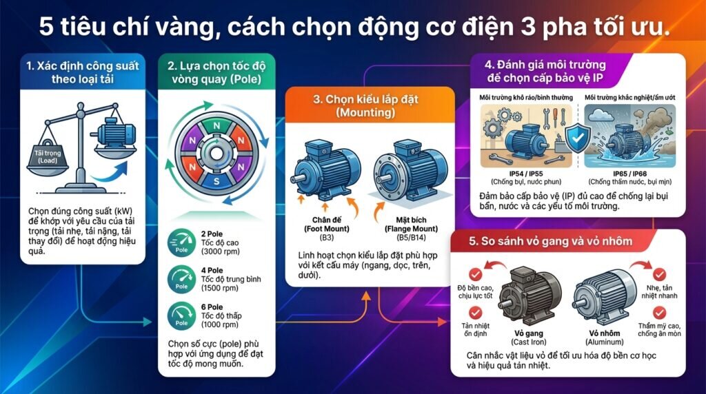 5 tiêu chí vàng, cách chọn động cơ điện 3 pha tối ưu.