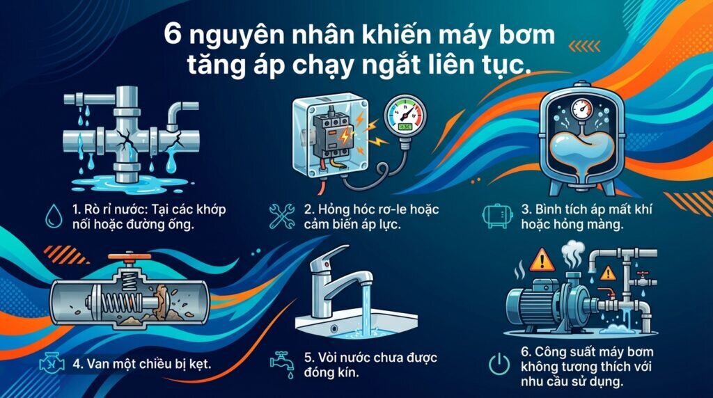 6 nguyên nhân khiến máy bơm tăng áp chạy ngắt liên tục.