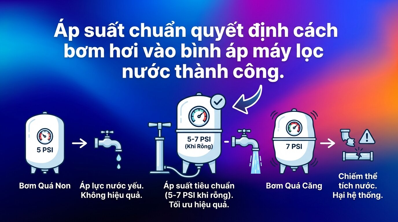 Áp suất chuẩn quyết định cách bơm hơi vào bình áp máy lọc nước thành công.