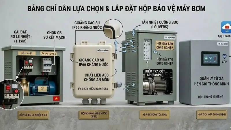 Bảng chỉ dẫn lựa chọn và lắp đặt hộp bỏa vệ máy bơm nước