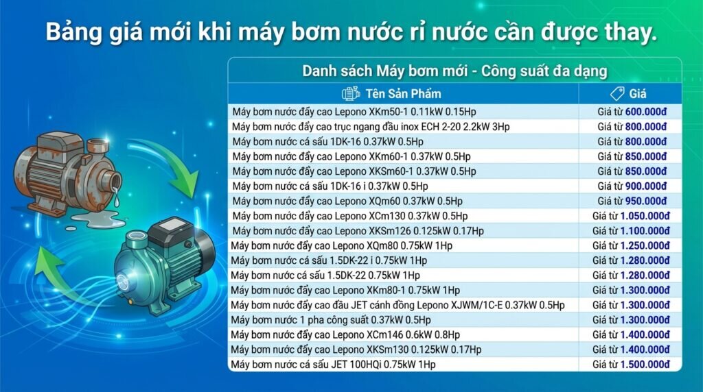 Bảng giá mới khi máy bơm nước rỉ nước cần được thay.