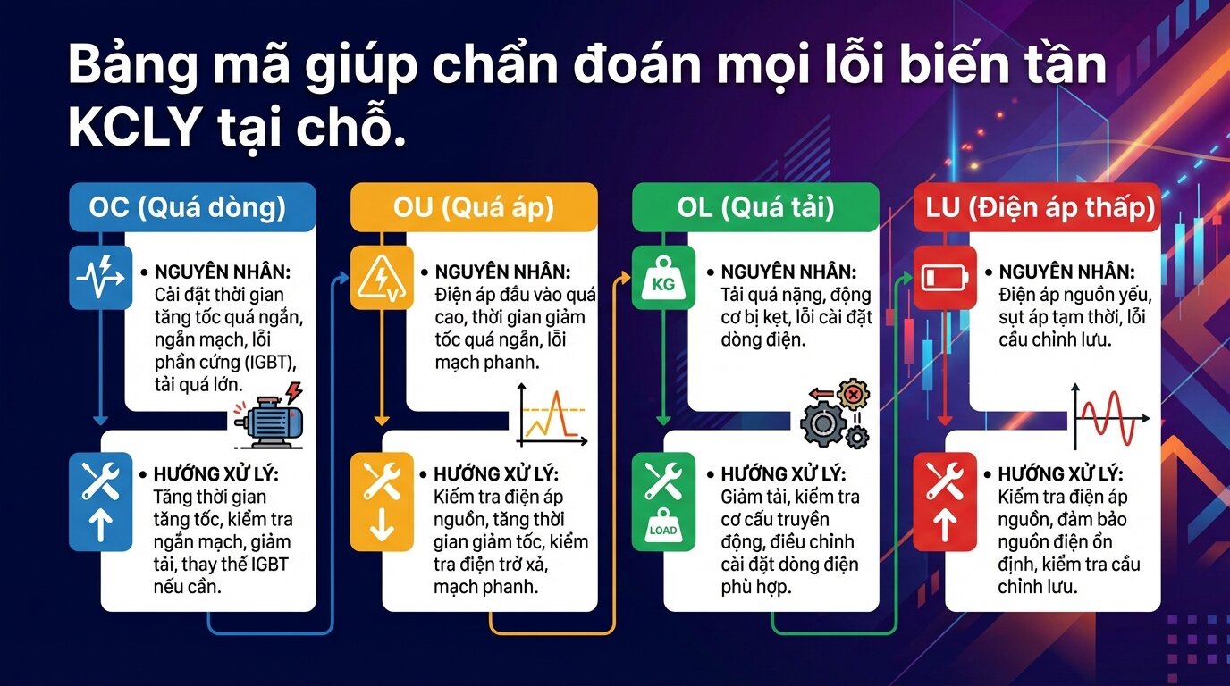 Bảng mã giúp chẩn đoán mọi lỗi biến tần KCLY tại chỗ.