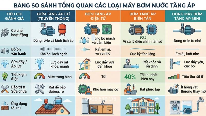 Hình ảnh so sánh tổng quan các loại bơm nước tăng áp