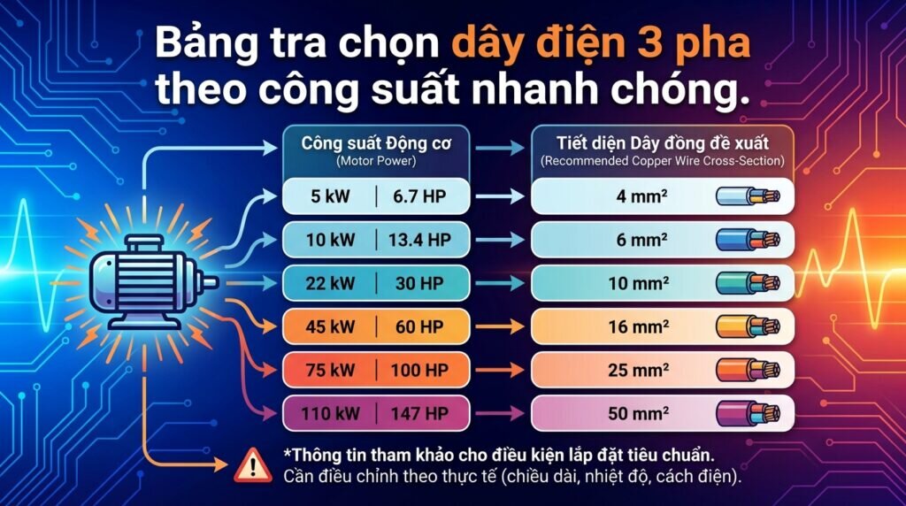 Bảng tra chọn dây điện 3 pha theo công suất nhanh chóng.