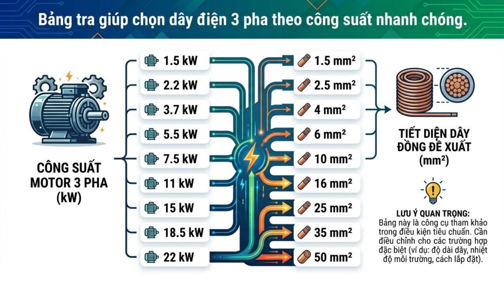 Bảng tra giúp chọn dây điện 3 pha theo công suất nhanh chóng.