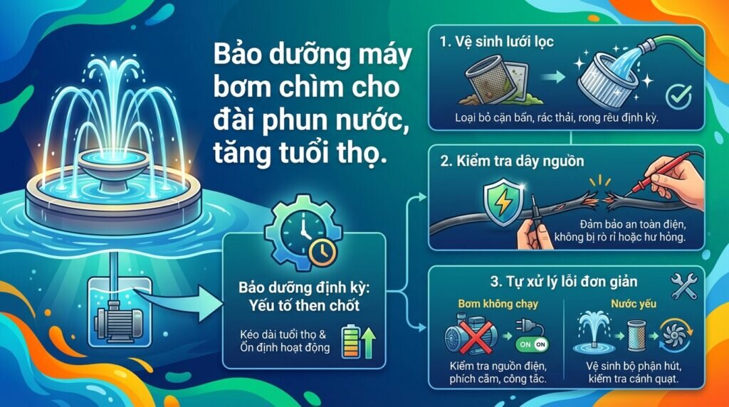 Bảo dưỡng máy bơm chìm cho đài phun nước, tăng tuổi thọ.