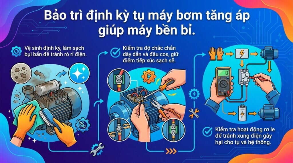 Bảo trì định kỳ tụ máy bơm tăng áp giúp máy bền bỉ.