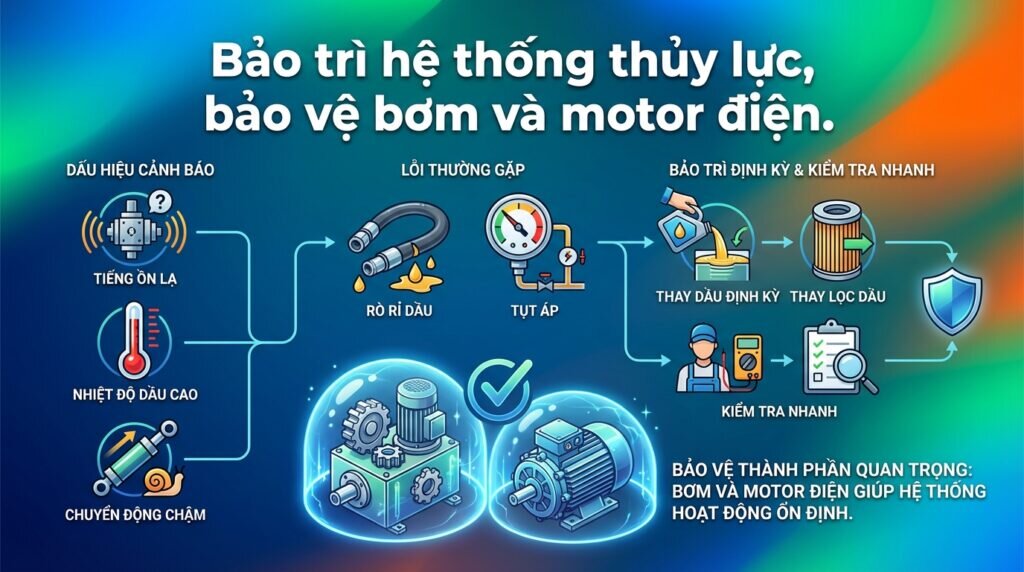 Bảo trì hệ thống thủy lực, bảo vệ bơm và motor điện.