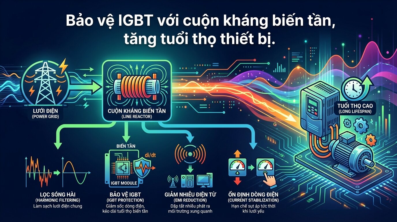 Bảo vệ IGBT với cuộn kháng biến tần, tăng tuổi thọ thiết bị.