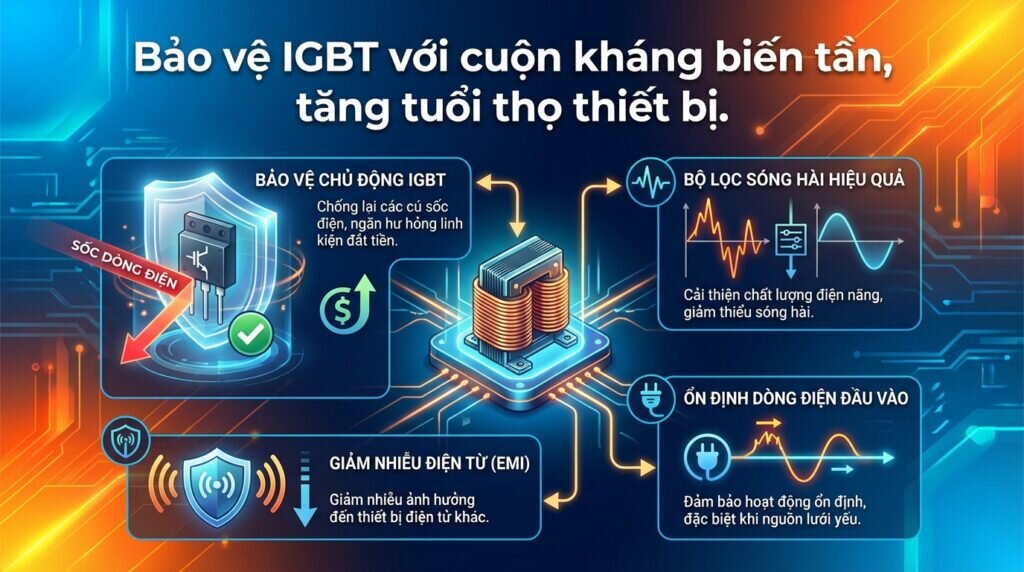 Bảo vệ IGBT với cuộn kháng biến tần, tăng tuổi thọ thiết bị.