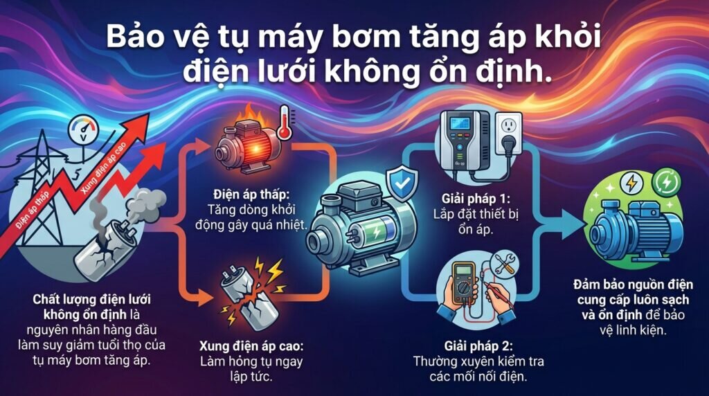 Bảo vệ tụ máy bơm tăng áp khỏi điện lưới không ổn định.