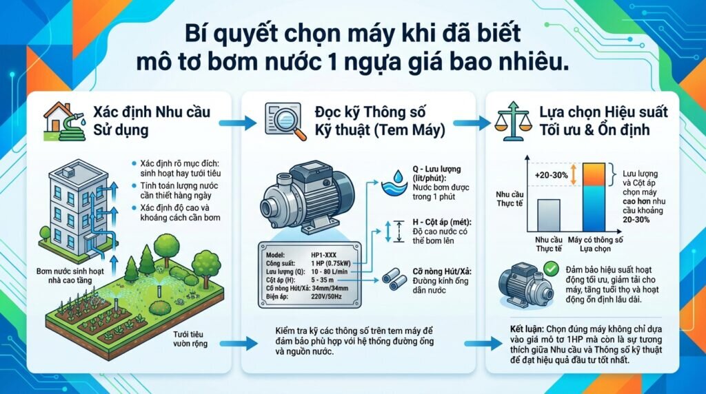 Bí quyết chọn máy khi đã biết mô tơ bơm nước 1 ngựa giá bao nhiêu.