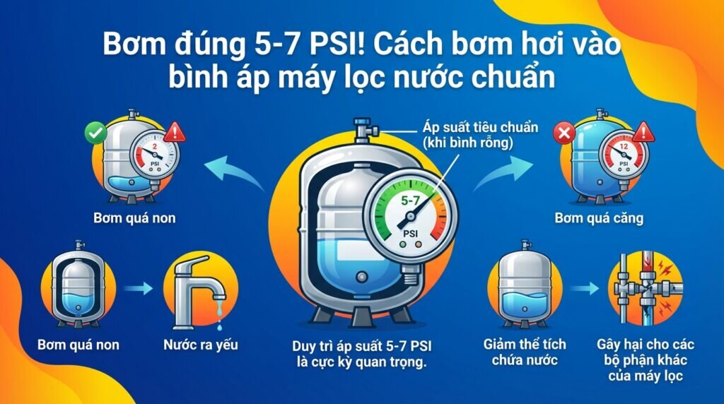 Bơm đúng 5-7 PSI! Cách bơm hơi vào bình áp máy lọc nước chuẩn.