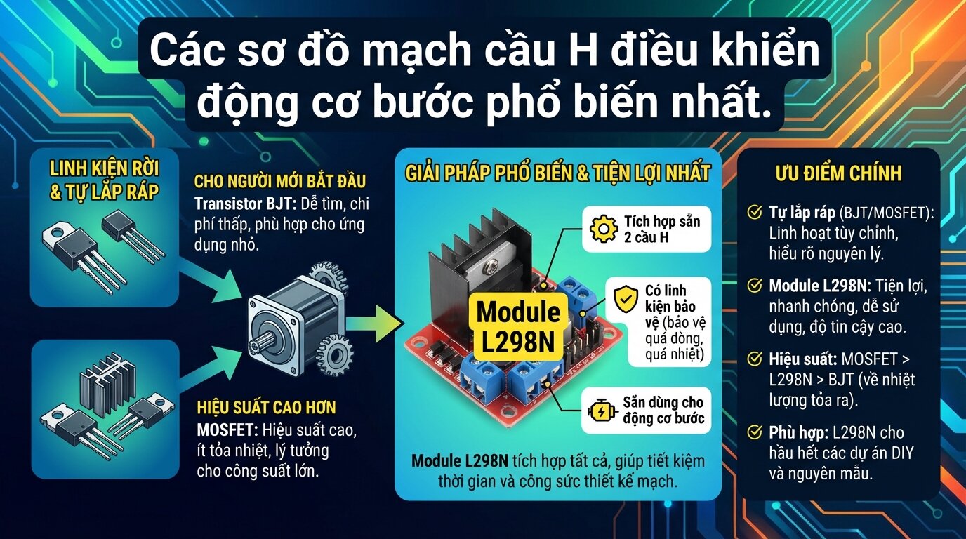 Các sơ đồ mạch cầu H điều khiển động cơ bước phổ biến nhất.