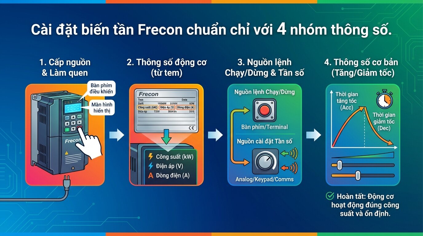 Cài đặt biến tần Frecon chuẩn chỉ với 4 nhóm thông số.