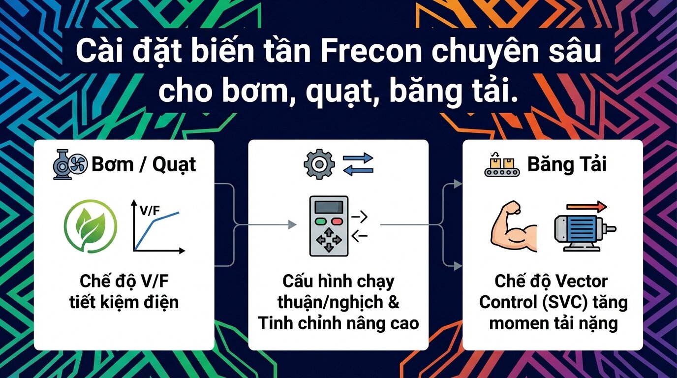 Cài đặt biến tần Frecon chuyên sâu cho bơm, quạt, băng tải.