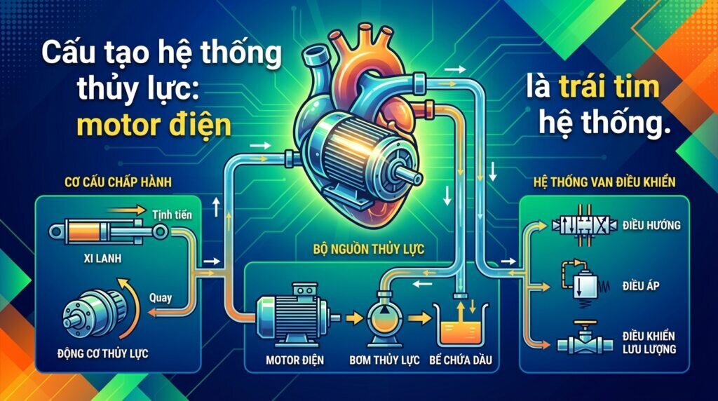 Cấu tạo hệ thống thủy lực: motor điện là trái tim hệ thống.